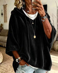 Women’s Velvet Hooded Poncho Top Oversized 3/4 Sleeve: Black / 95%Polyester+5%Elastane / M