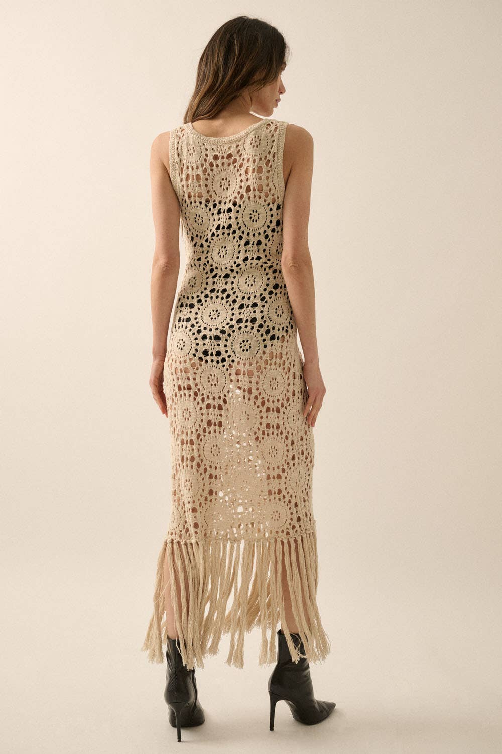 Crochet Knit Fringe-Hem Midi Tank Dress: NATURAL