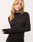 IT2766- Pinstripe Rhinestone Mock Neck Long Sleeve Top: Black/Silver