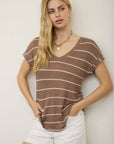 STRIPE V NECK CUFFED SHORT SLEEVE KNIT TOP: CREAM