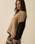 Textured Colorblock Knit Rolled-Edge Sweater: Taupe-Black