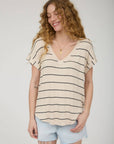 STRIPE V NECK CUFFED SHORT SLEEVE KNIT TOP: LIGHT KHAKI