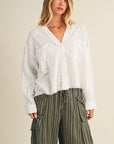 LACE TRIMMED BUTTON-DOWN SHIRT/WHITE