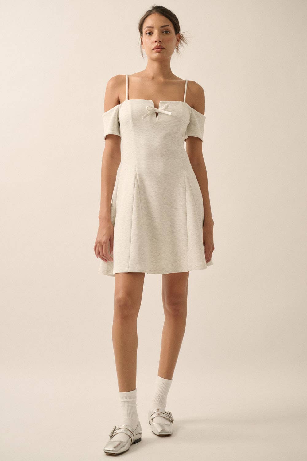 Scuba Knit Cold-Shoulder Fit-and-Flare Mini Dress: CREAM
