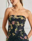 Floral Asymmetrical Lace Hem Tube Top: BLACK
