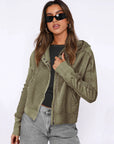 Hooded Zipper Sweater, Spliced Lazy Style Knitted Jacket: Brown / S