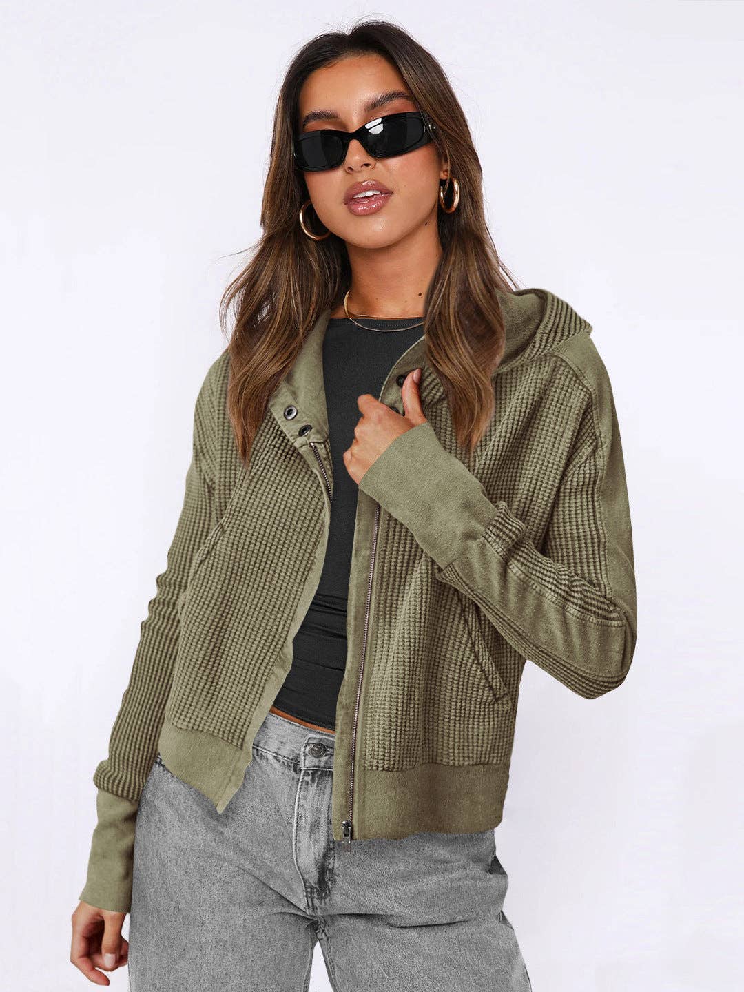 Hooded Zipper Sweater, Spliced Lazy Style Knitted Jacket: Black / XL