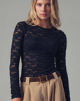 Vintage Floral Lace Long Sleeve Layering Top: Black / S:2/M:2/L:2