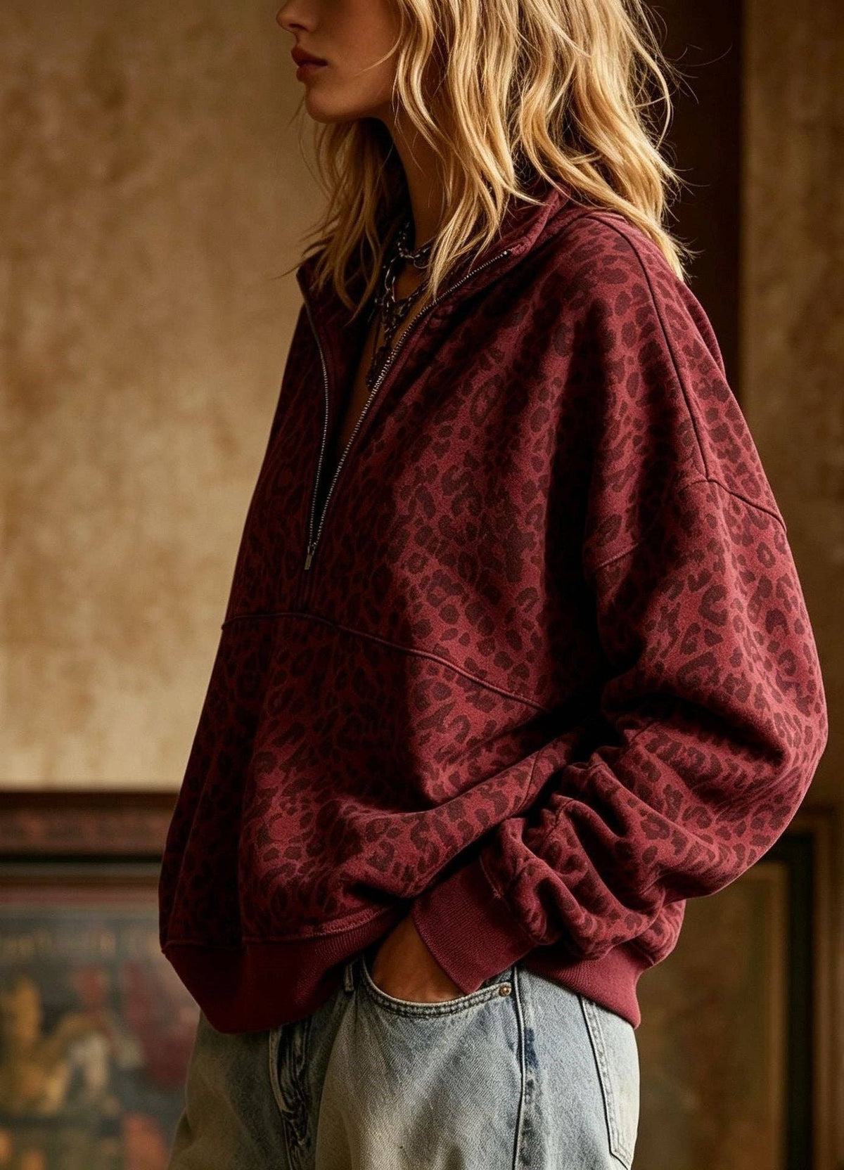 Leopard Print Half Zip Oversized Pullover Sweatshirt: Coffee / 95%Polyester+5%Elastane / S