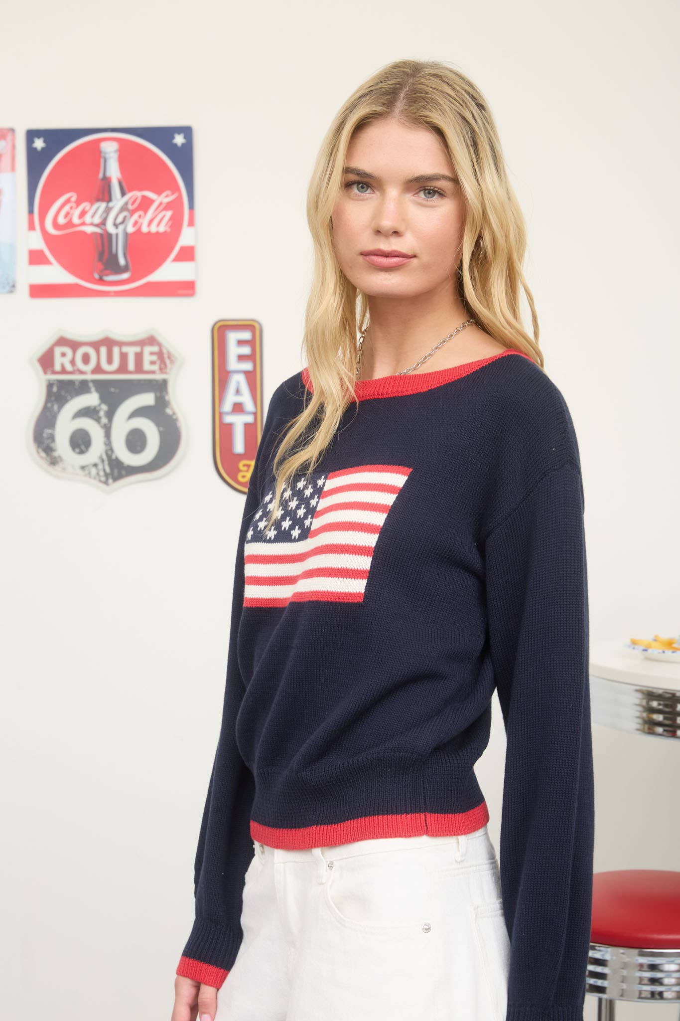 CONTRAST TRIM AMERICAN FLAG KNIT PULLOVER SWEATER : IVORY