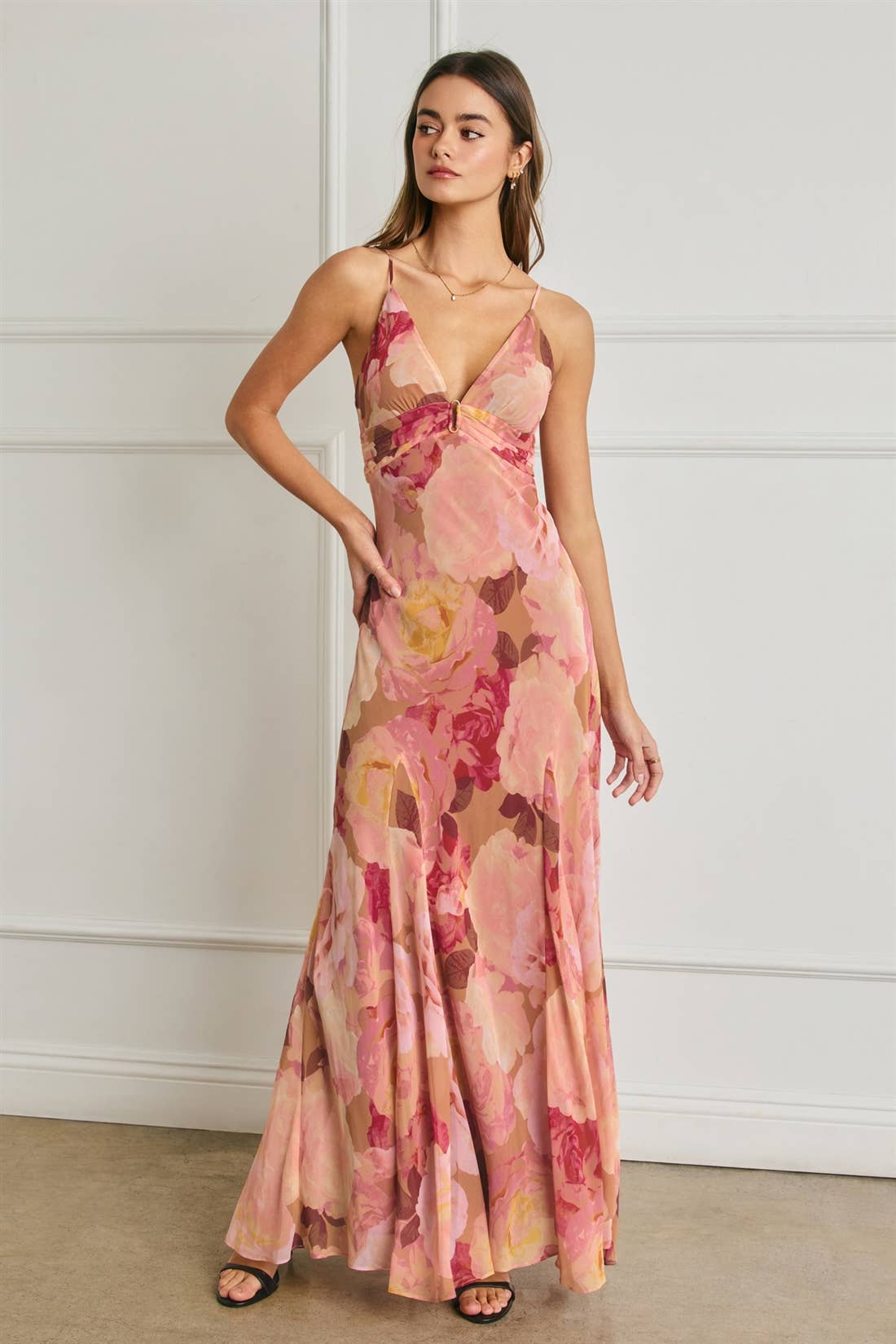 Bold Floral Chiffon Frilly Hem Maxi Dress: ROMANTIC FLORAL