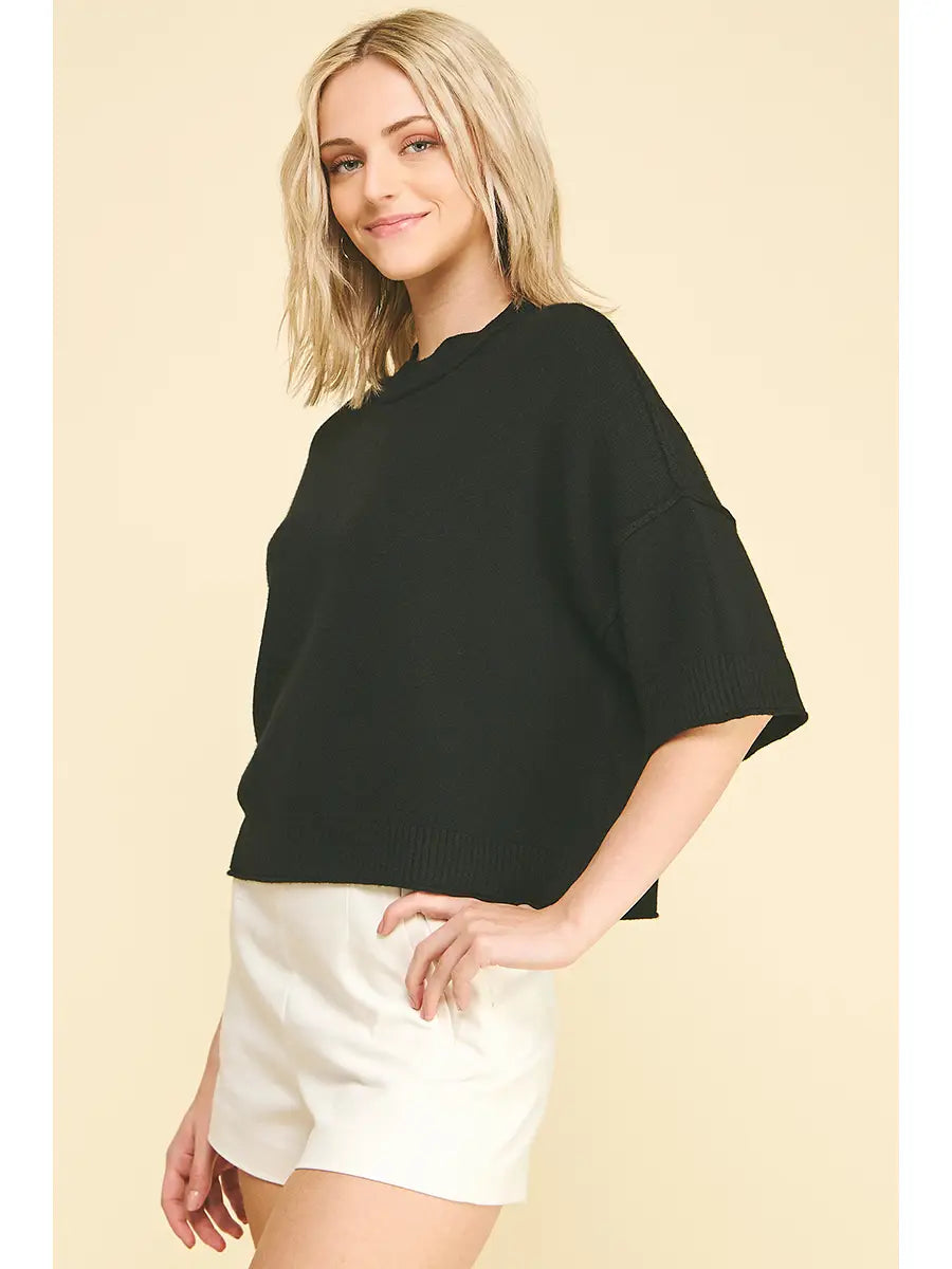 SHORT SLEEVE SWEATER TOP/BLACK