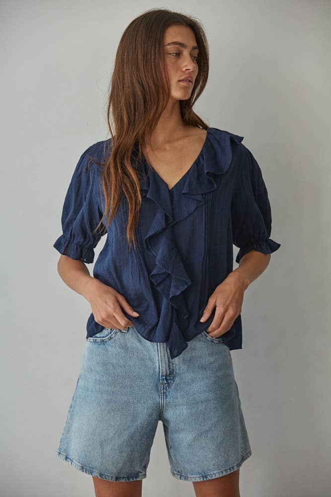 L8439 | Woven Cotton Buttondown V-Neck Short Sleeve Top: