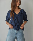 L8439 | Woven Cotton Buttondown V-Neck Short Sleeve Top: