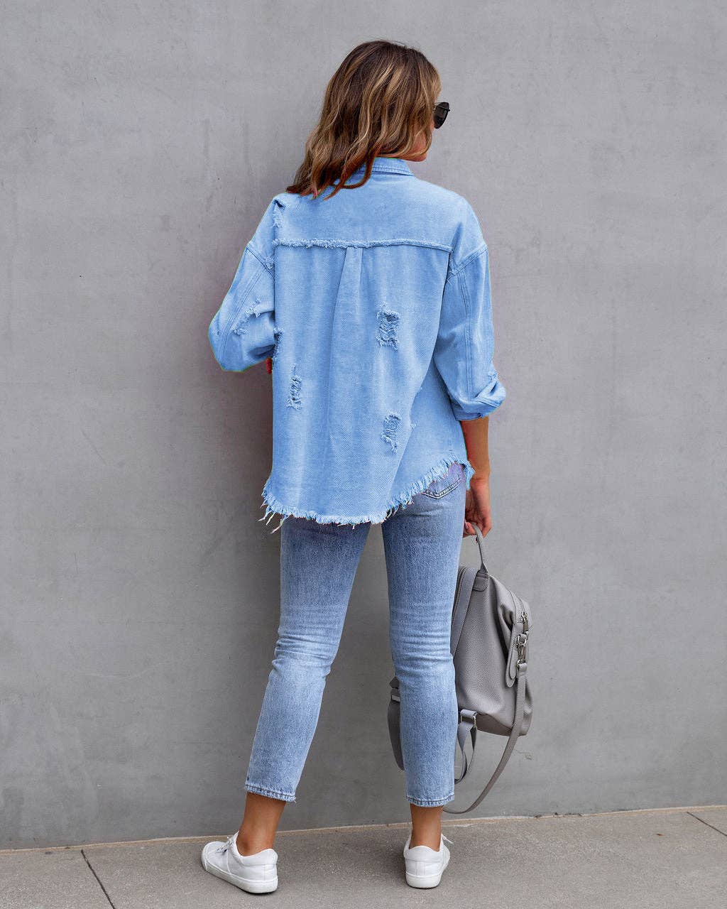 Hot Pink Distressed Denim Jacket Oversized Button Down: Light Gray / 65% Cotton+35% Polyester / L