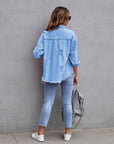 Hot Pink Distressed Denim Jacket Oversized Button Down: Khaki / 65% Cotton+35% Polyester / M