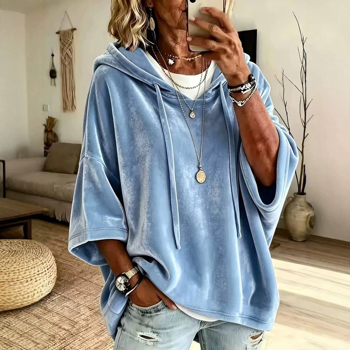 Women’s Velvet Hooded Poncho Top Oversized 3/4 Sleeve: Black / 95%Polyester+5%Elastane / 2XL