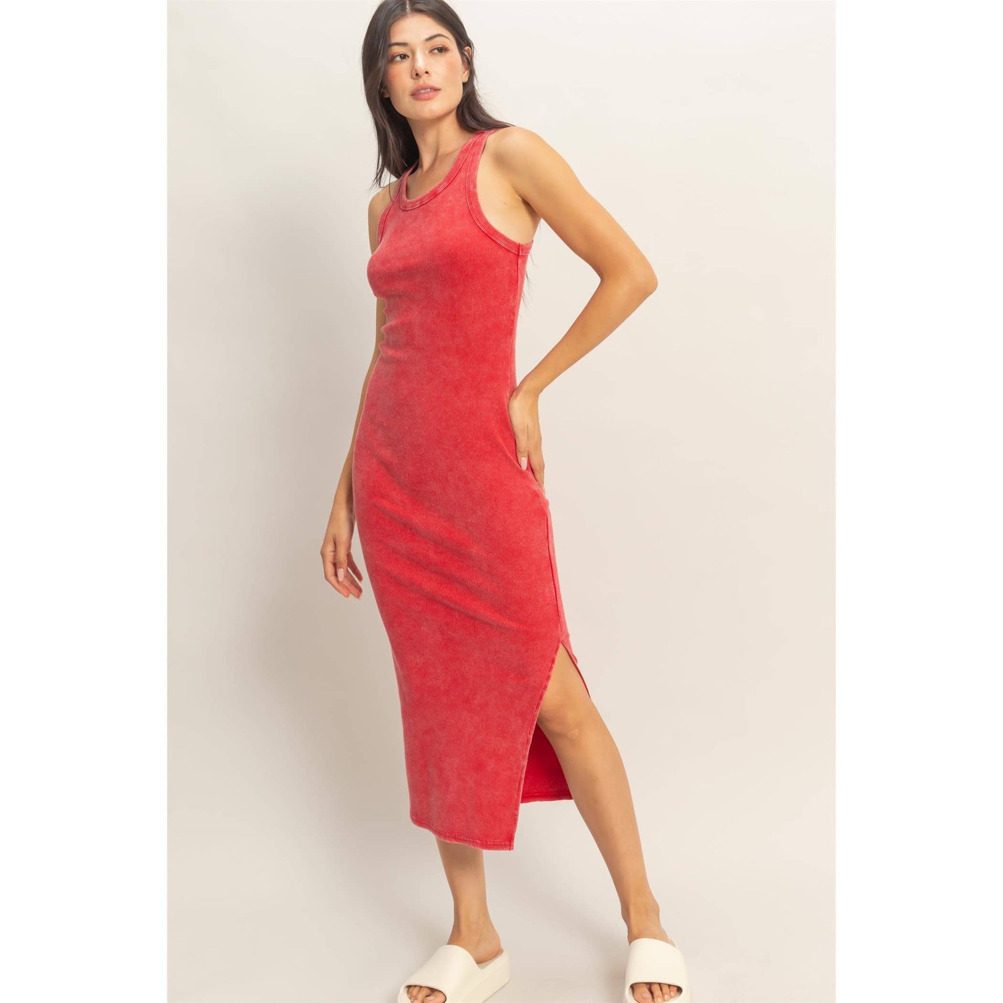 Acid Washed Ribbed Midi Tank Dress: RED / S-M-L(2-2-2) Acid Washed Ribbed Midi Tank Dress: RED / S-M-L(2-2-2)