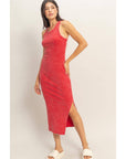 Acid Washed Ribbed Midi Tank Dress: RED / S-M-L(2-2-2)