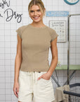 RAGLAN EXPOSED SEAM SHORT SLEEVE KNIT TOP: MOCHA