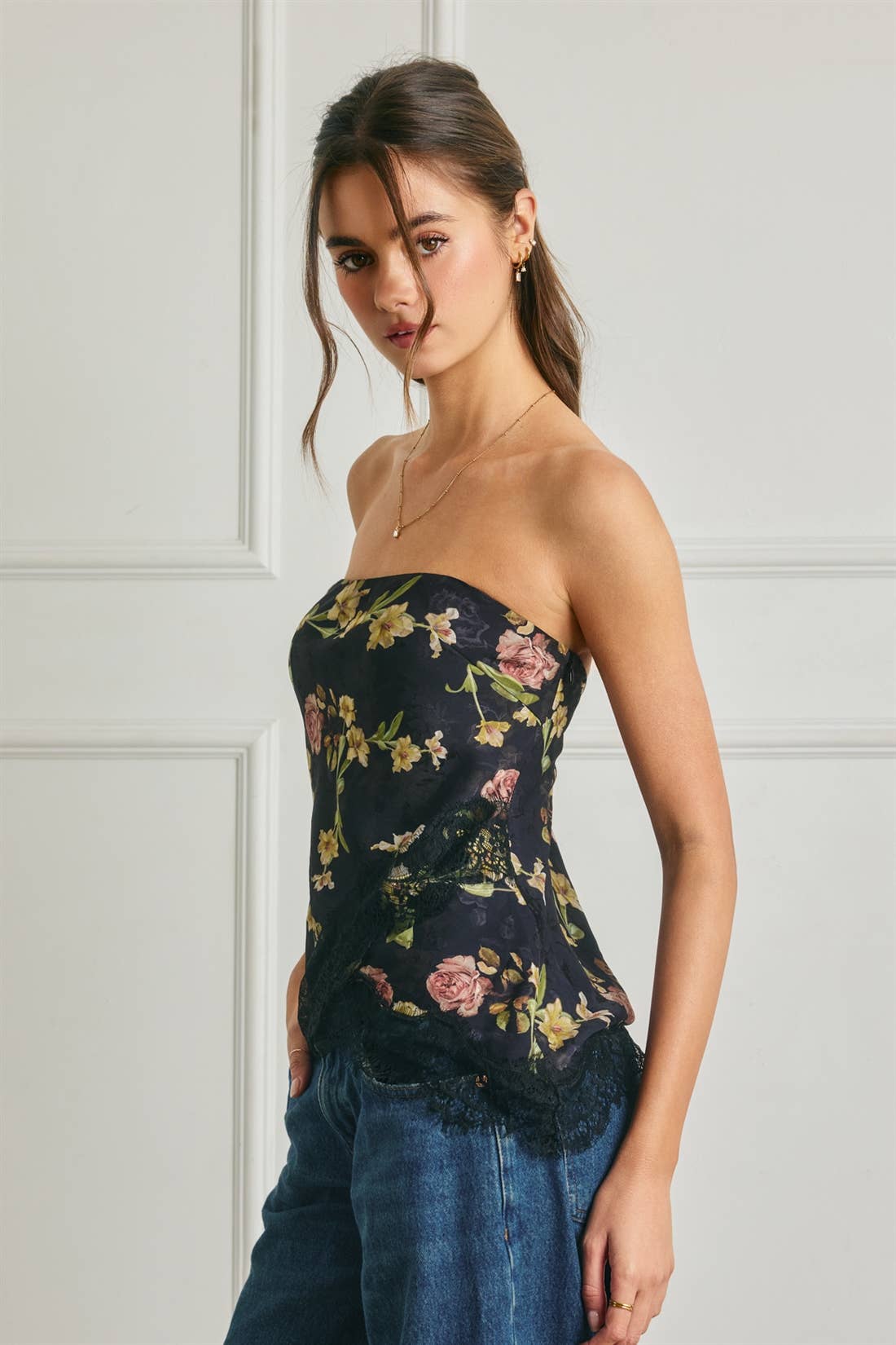 Floral Asymmetrical Lace Hem Tube Top: BLACK