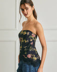 Floral Asymmetrical Lace Hem Tube Top: BLACK