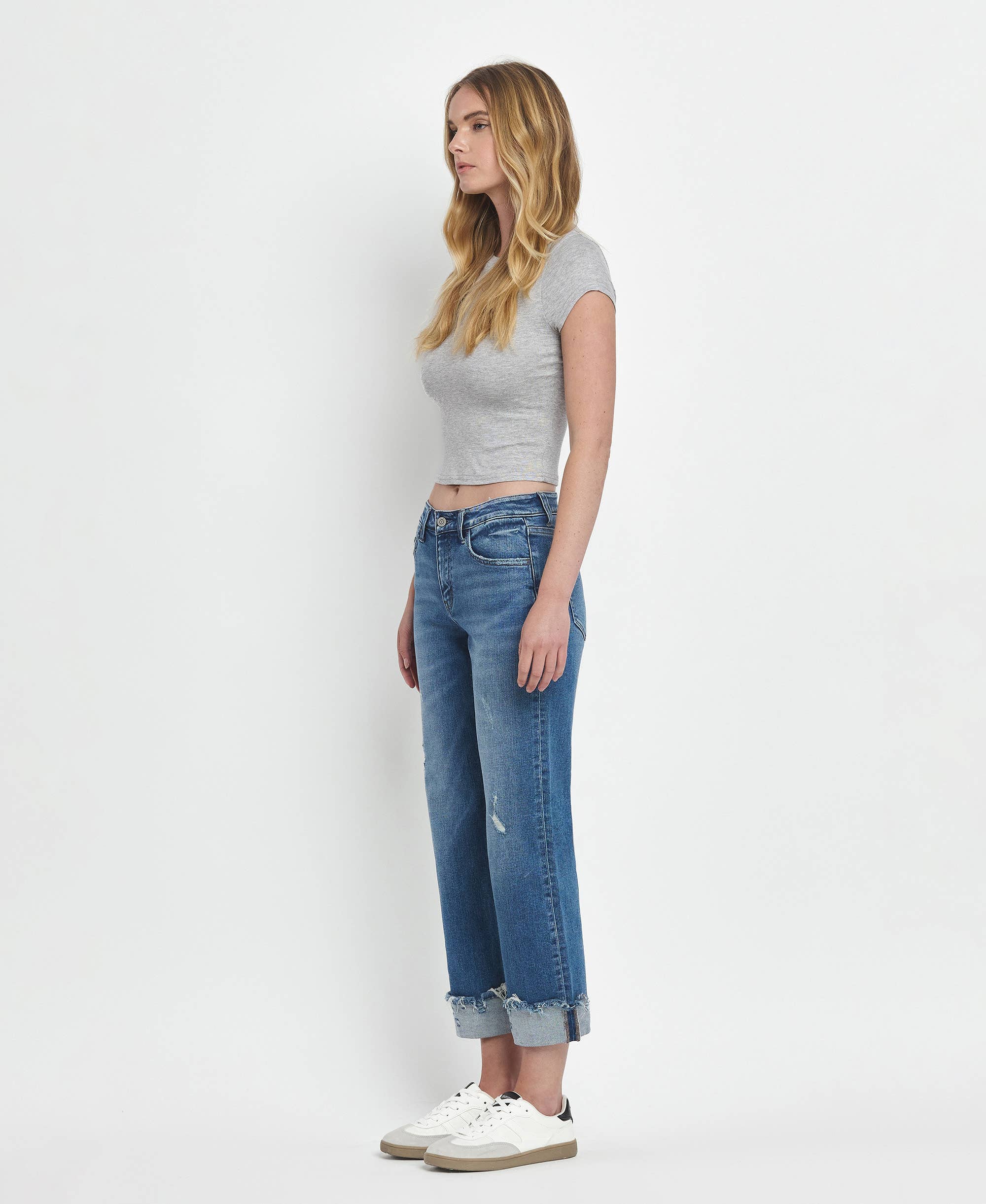 MID RISE RAW CUFFED HEM SLIM WIDE JEANS F5861: FOUR SEASON