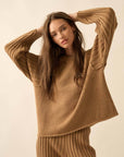 Textured Knit Ribbed-Sleeve Rolled-Edge Sweater: Taupe