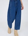 HIGH WAIST FRONT TIE WIDE LEG CROPPED PANTS: INDIGO