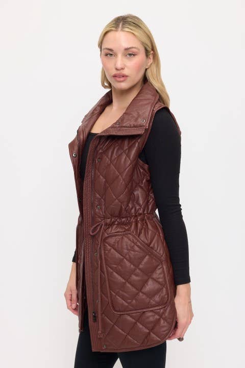 VA8021: Luxe Quilted Faux Leather Vest: Brown / L