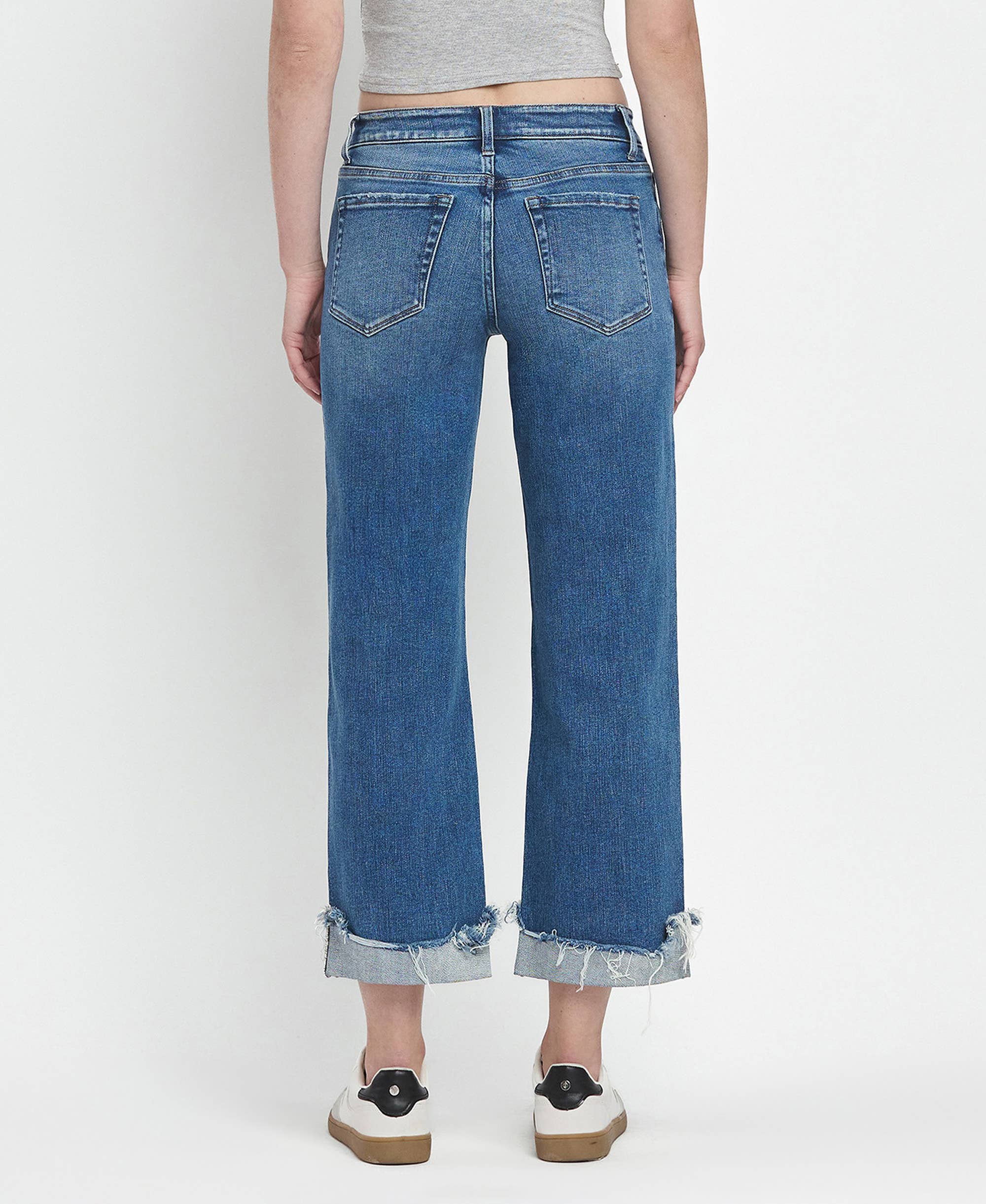 MID RISE RAW CUFFED HEM SLIM WIDE JEANS F5861: FOUR SEASON