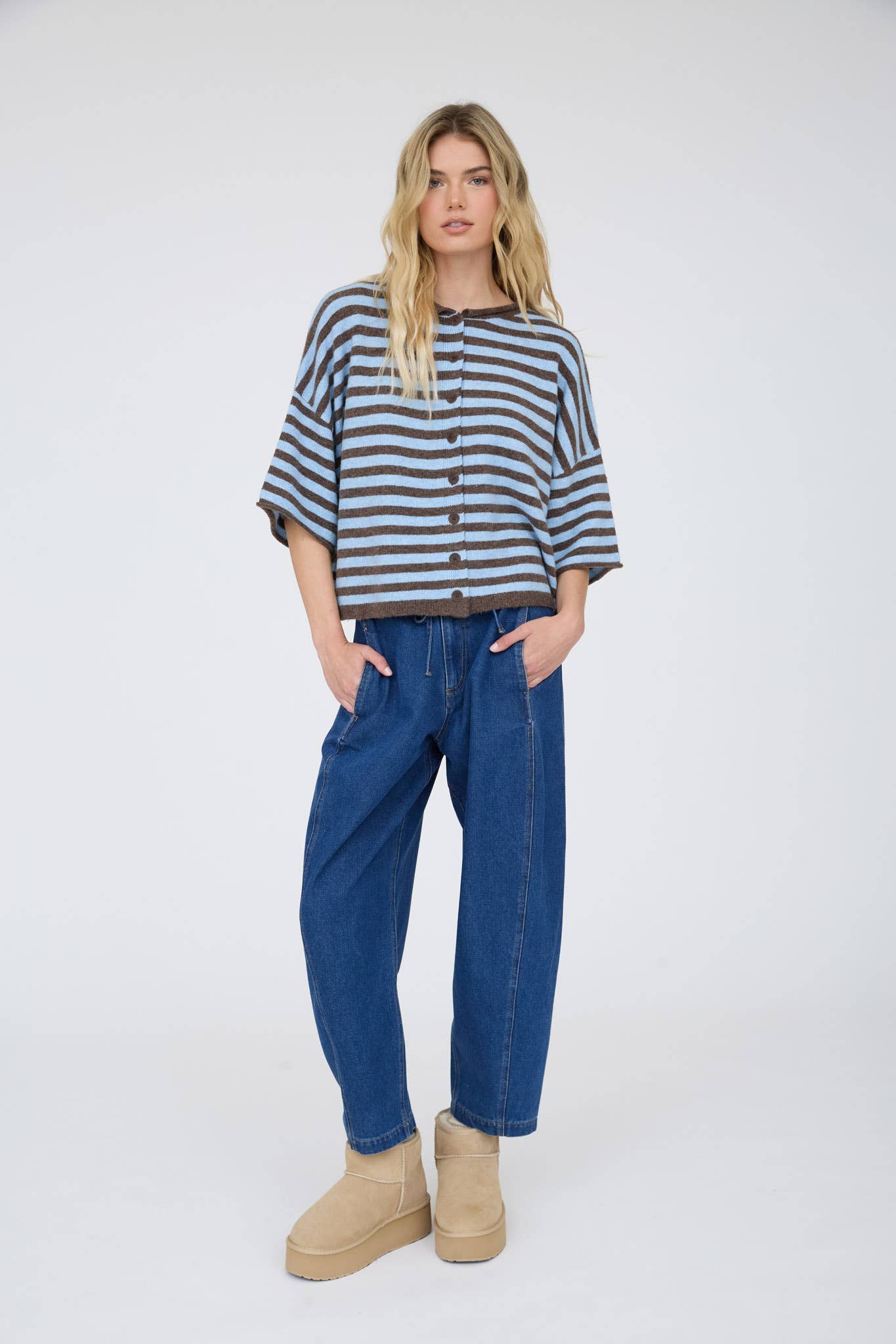 HIGH WAIST FRONT TIE WIDE LEG CROPPED PANTS: INDIGO