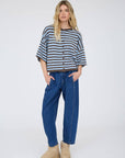 HIGH WAIST FRONT TIE WIDE LEG CROPPED PANTS: INDIGO