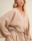 V-neck taupe blouse in gauze fabric with a dolman slv top
