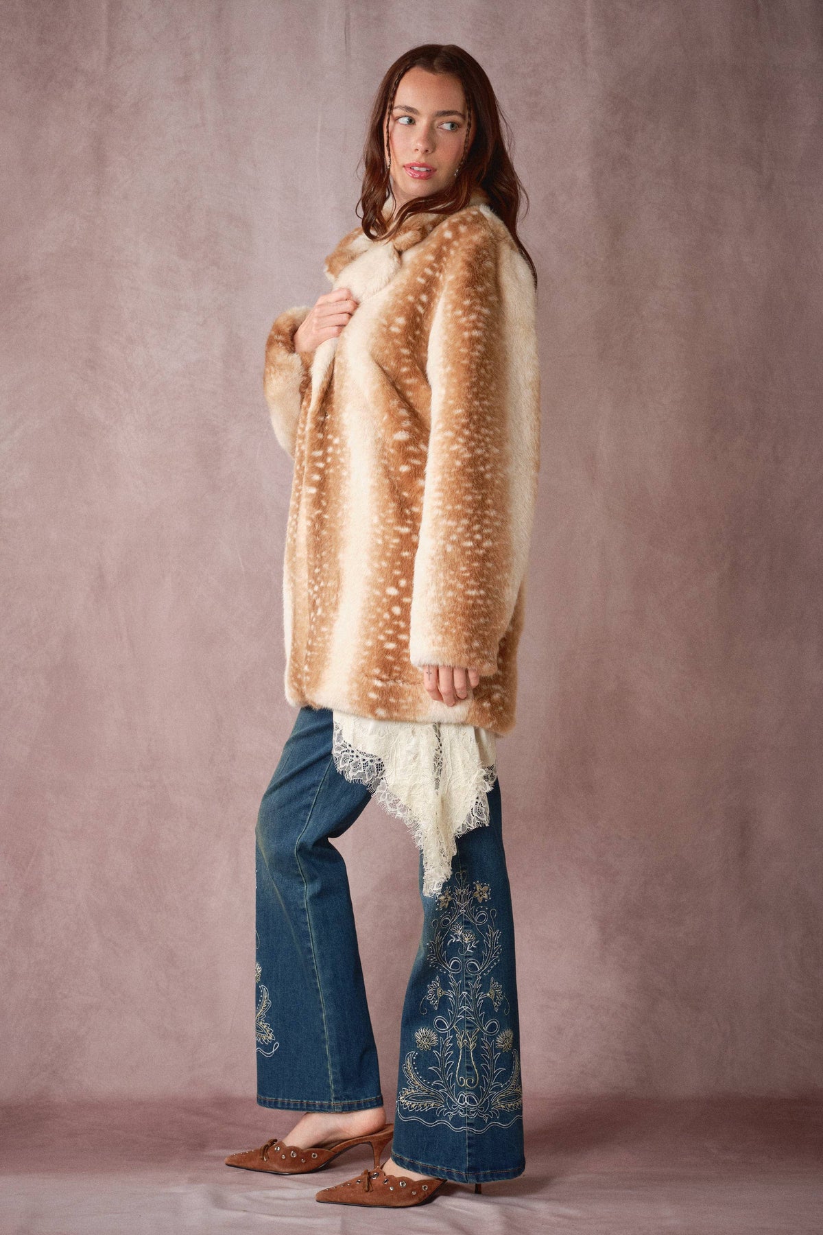 25046J Deer Print Faux Fur Coat: TAUPE / S-M-L (2-2-2)