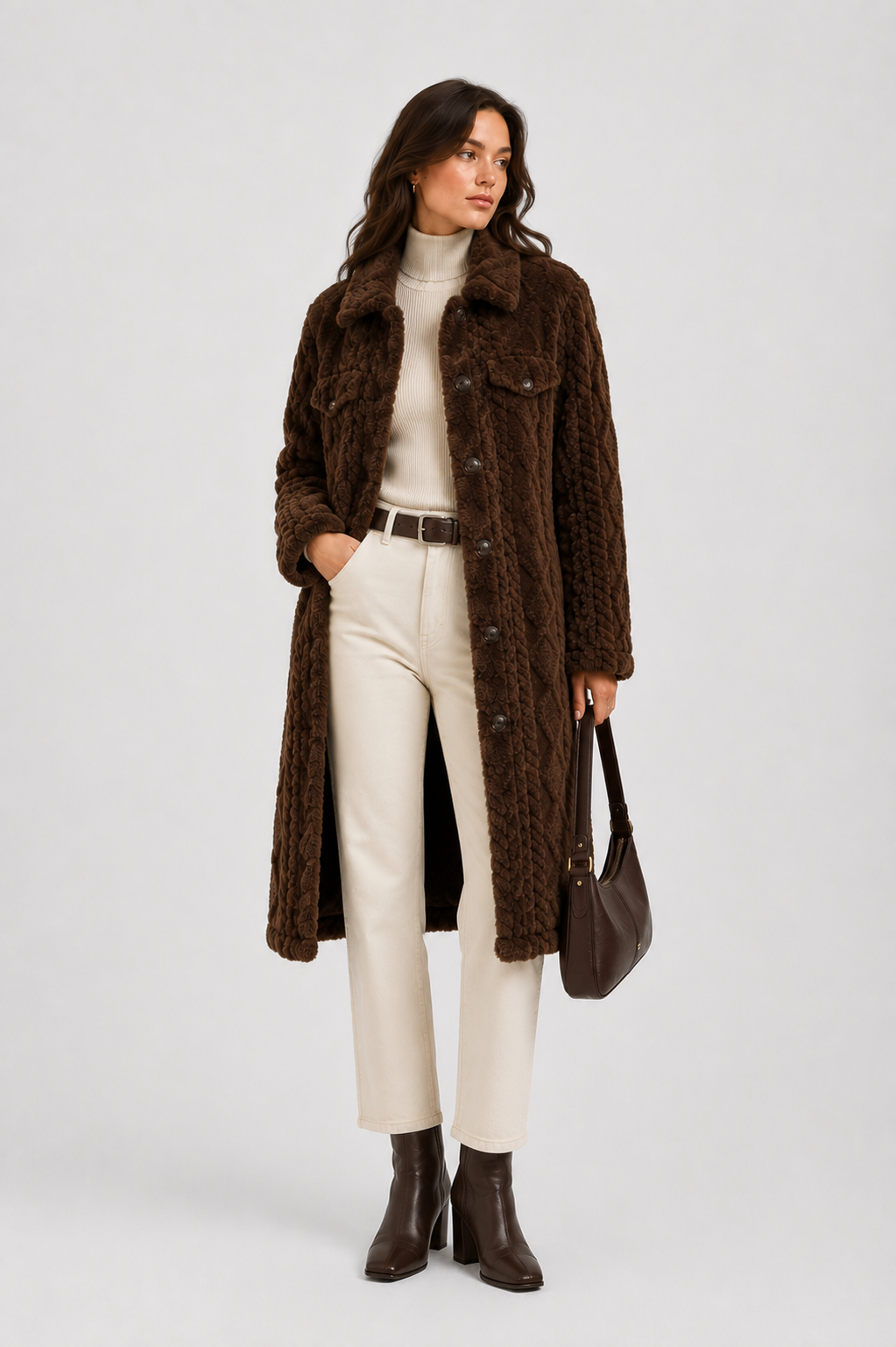 FJ0182: Quilted Sherpa Long Button Jacket: Khaki / S