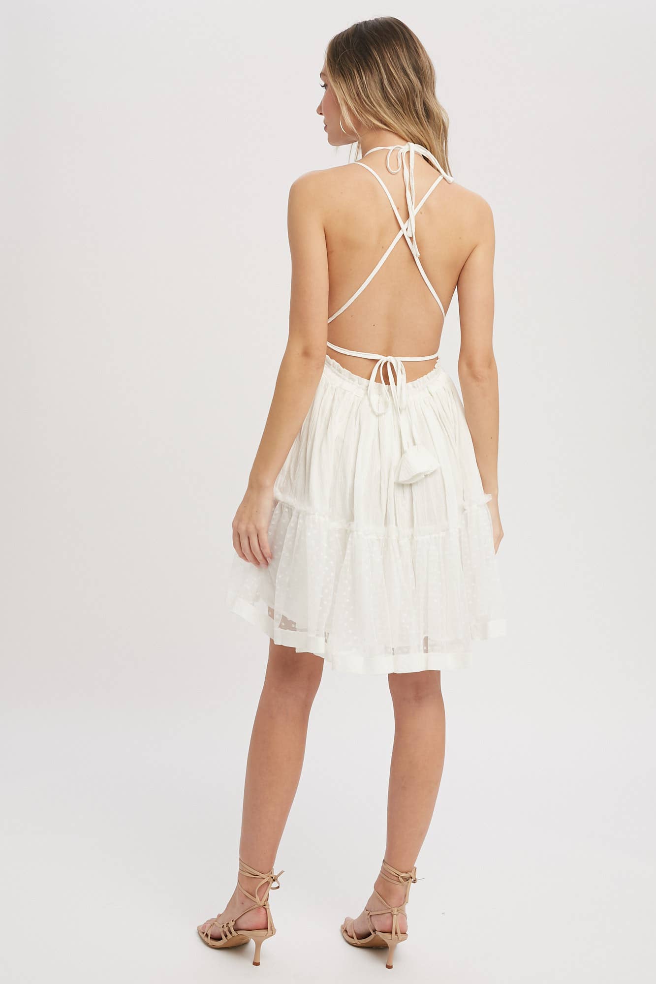STRAPPY BACK BREEZY RUFFLE MINI DRESS: IVORY