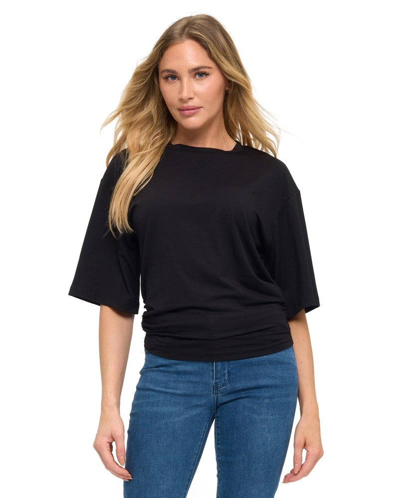 BLACK RUCHED DETAILED T SHIRT