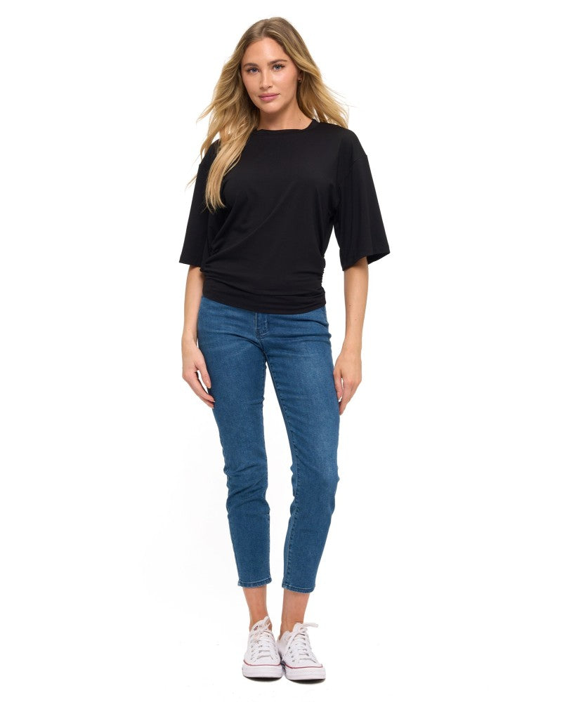 BLACK RUCHED DETAILED T SHIRT