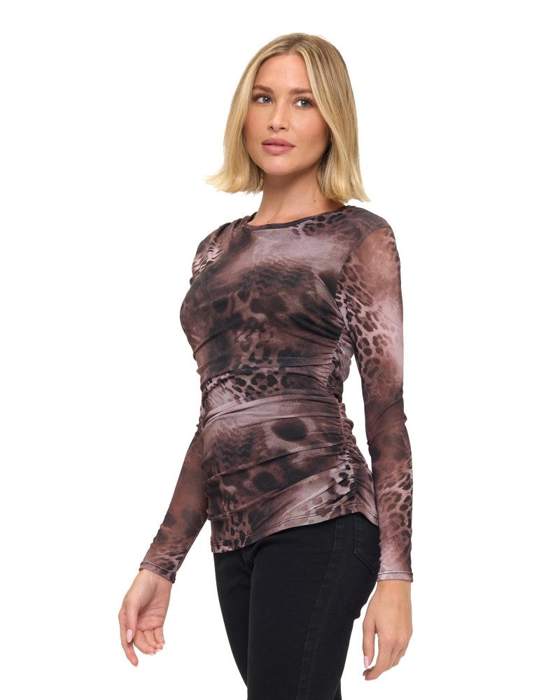 LONG SLV ANIMAL PRINT MESH TOP