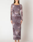 MAUVE FLORAL, PRINTED MESH MAXI DRESS