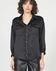 D+J BLACK SILK BLOUSE W/SILVER PINSTRIPE DETAIL