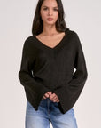BLACK V-NECK SWEATER W/FLAIR SLV