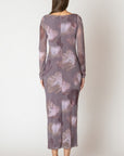 MAUVE FLORAL, PRINTED MESH MAXI DRESS