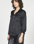 D+J BLACK SILK BLOUSE W/SILVER PINSTRIPE DETAIL