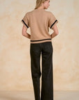 TAN SHORT SLV SWEATER W/BLACK DETAIL