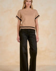 TAN SHORT SLV SWEATER W/BLACK DETAIL