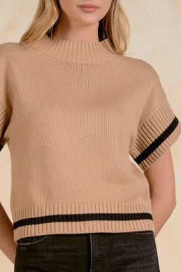 TAN SHORT SLV SWEATER W/BLACK DETAIL