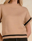 TAN SHORT SLV SWEATER W/BLACK DETAIL