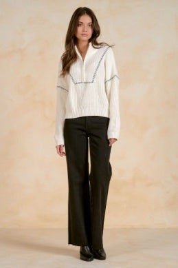 OFF WHITE 1/4 ZIP SWEATER W/BLACK STICH DETAIL